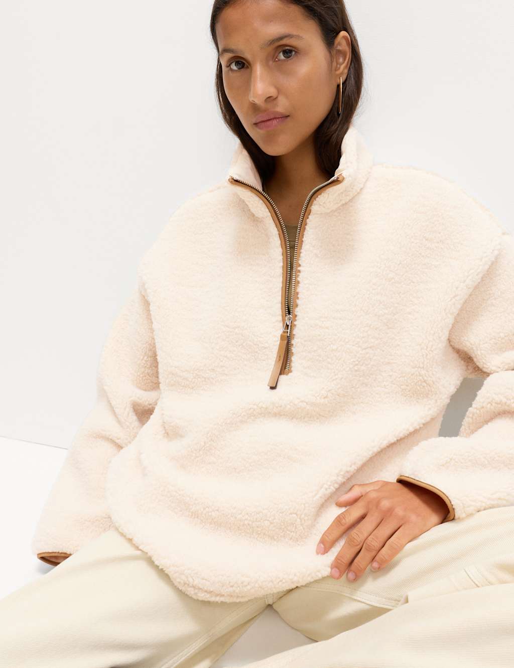 M&S Borg Funnel Neck Half Zip Sweatshirt Cream