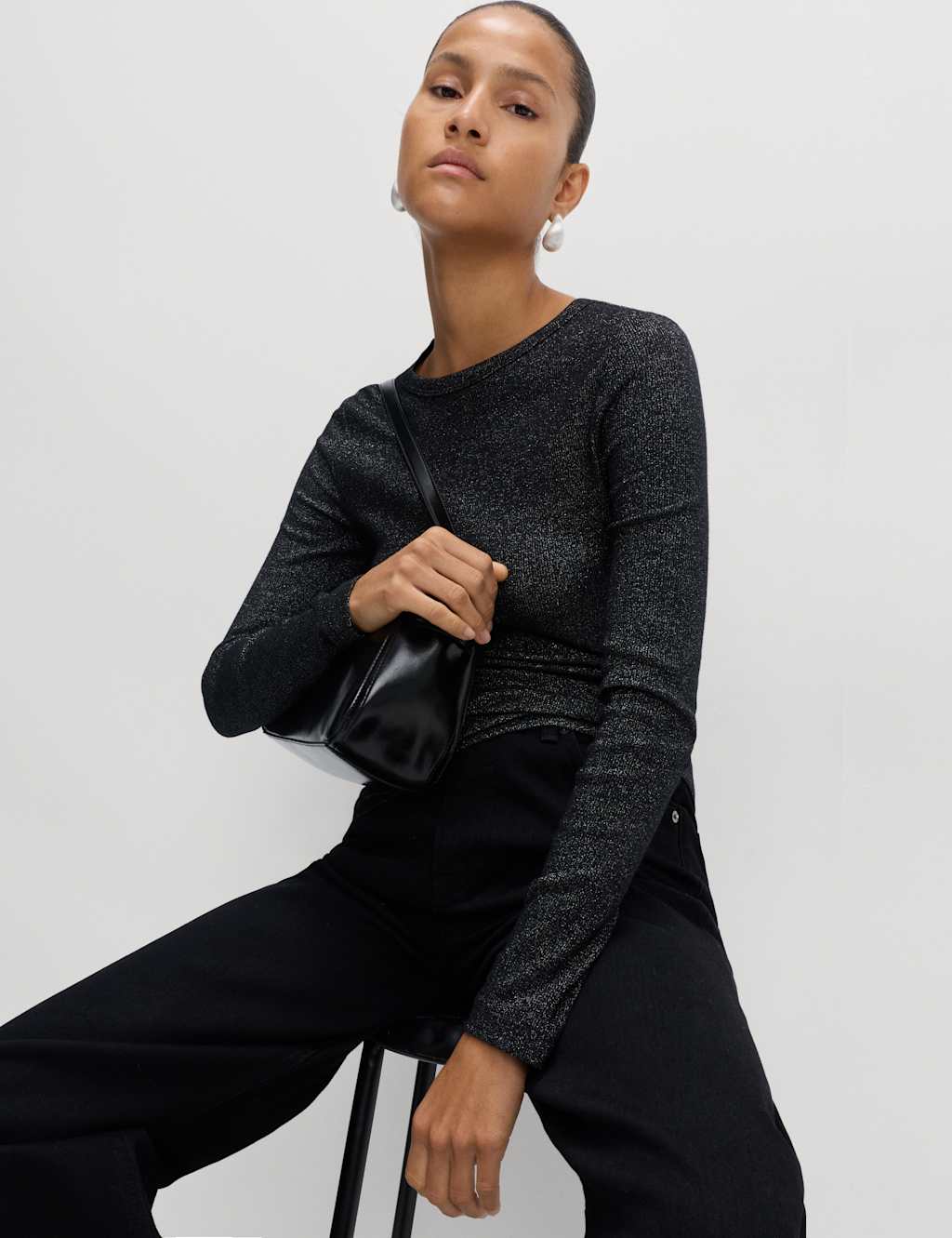 M&S Cotton Rich Sparkly Ribbed Top Black