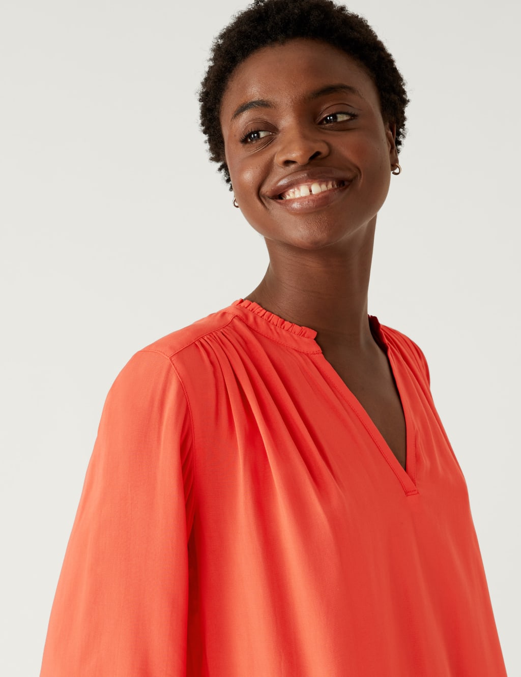 M&S Collarless Regular Fit Long Sleeve Blouse Flame