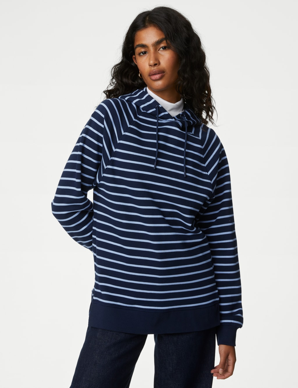 M&S Pure Cotton Striped Longline Hoodie Navy Mix
