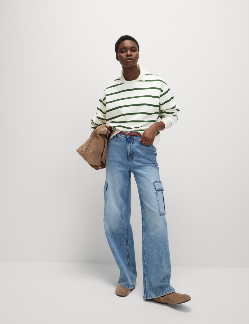 M&S Cotton Rich Striped Sweatshirt Dark Green Mix