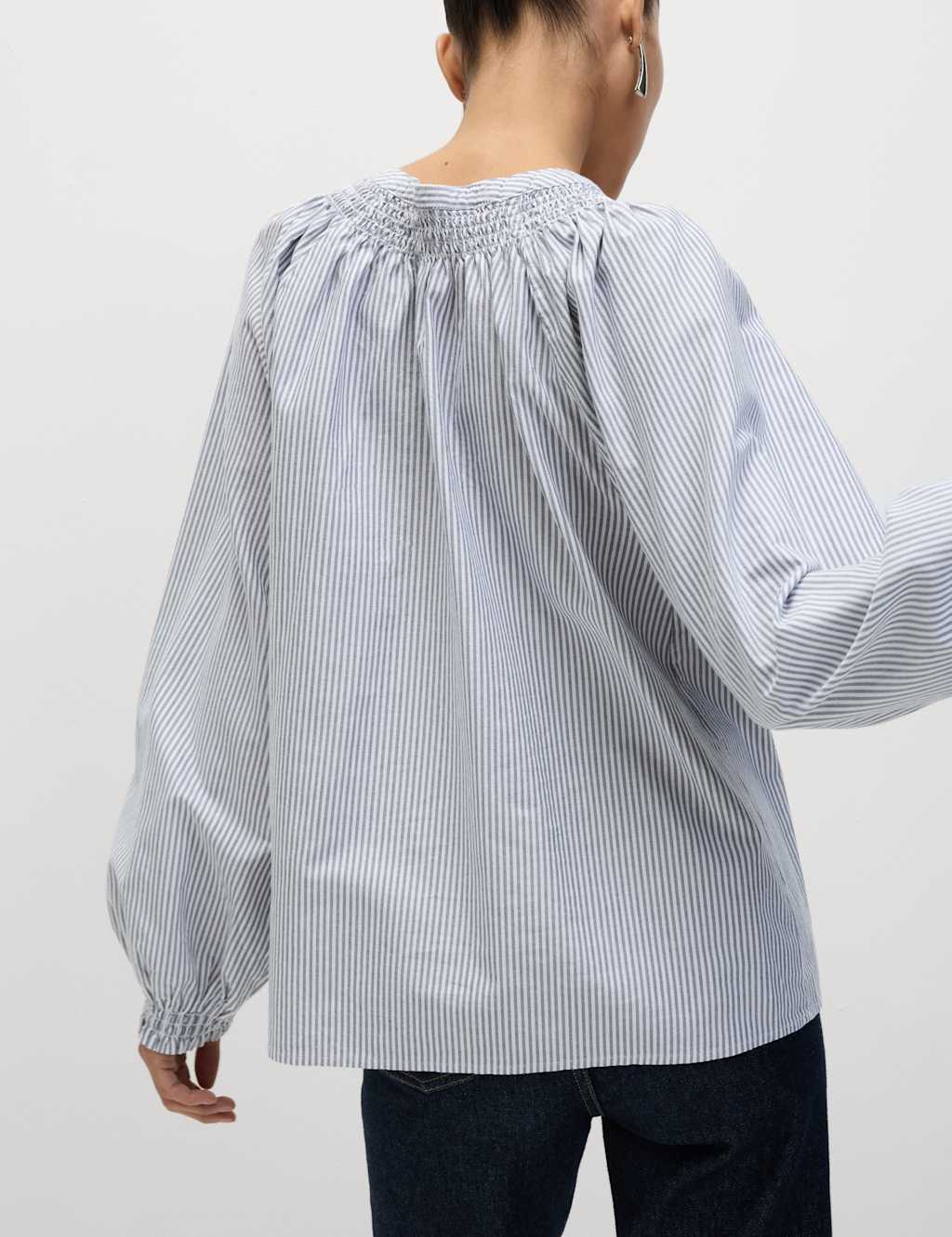 M&S Pure Cotton Striped Tie Neck Blouse Navy Mix