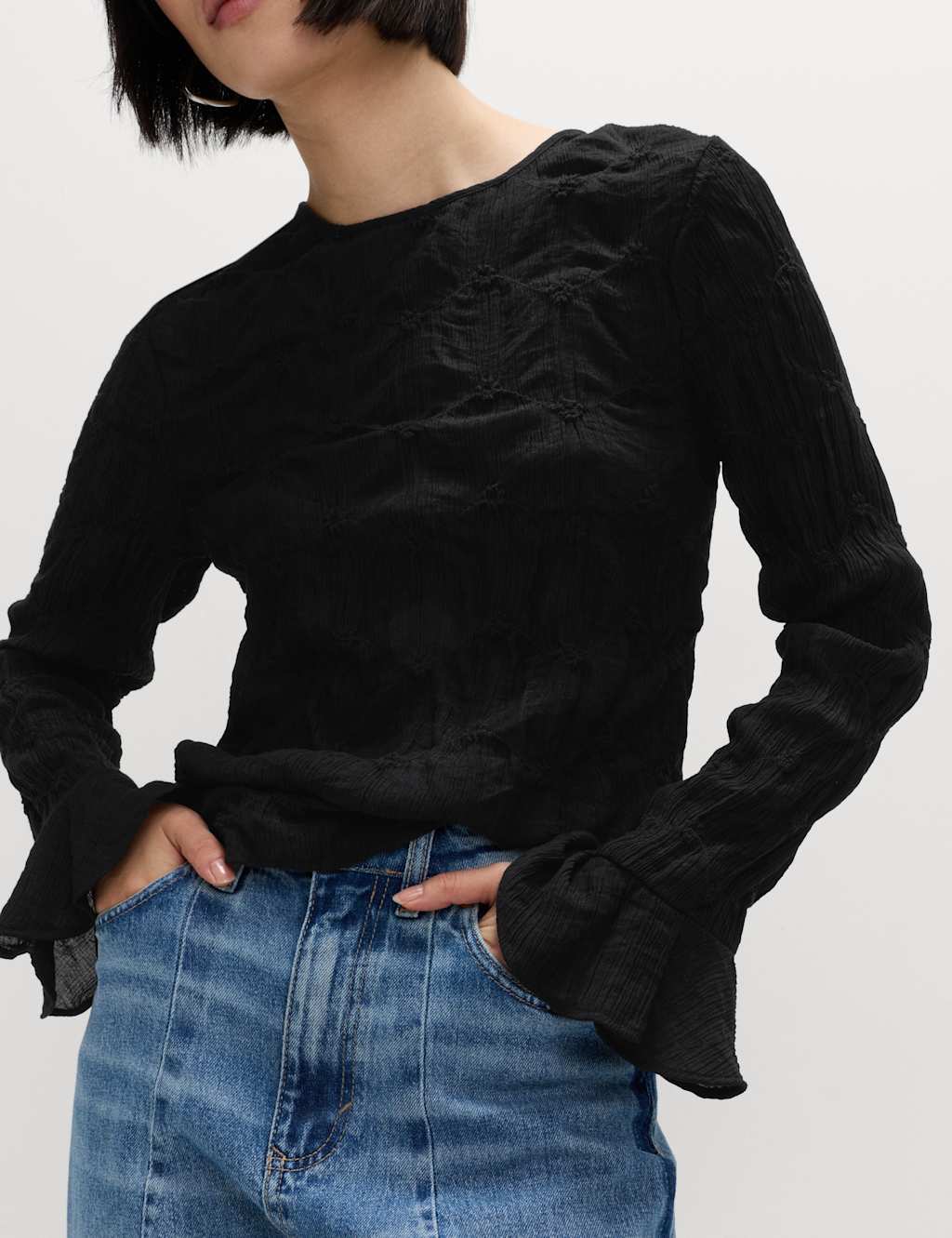 M&S Lace Textured Crew Neck Blouse Black