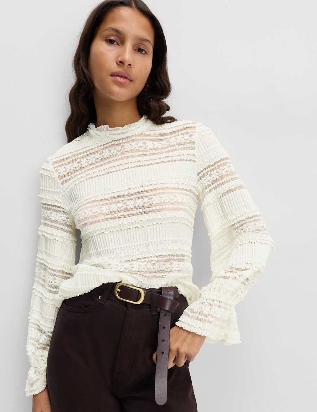 M&S Lace High Neck Blouse with Cotton Soft White