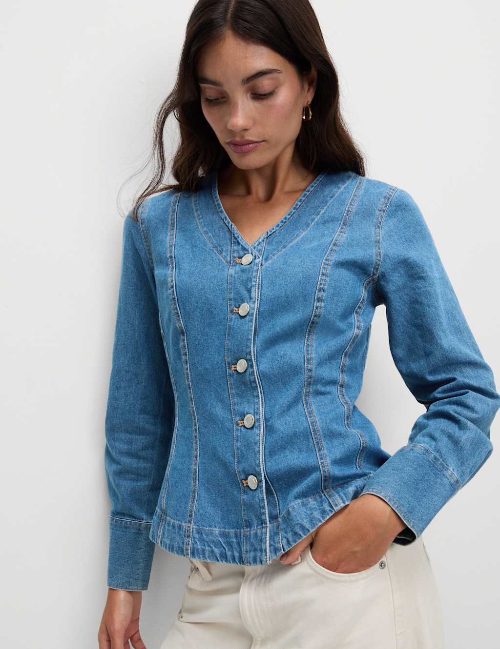 M&S Pure Cotton Denim V-Neck Buttoned Slim Fit Shirt Blue Denim