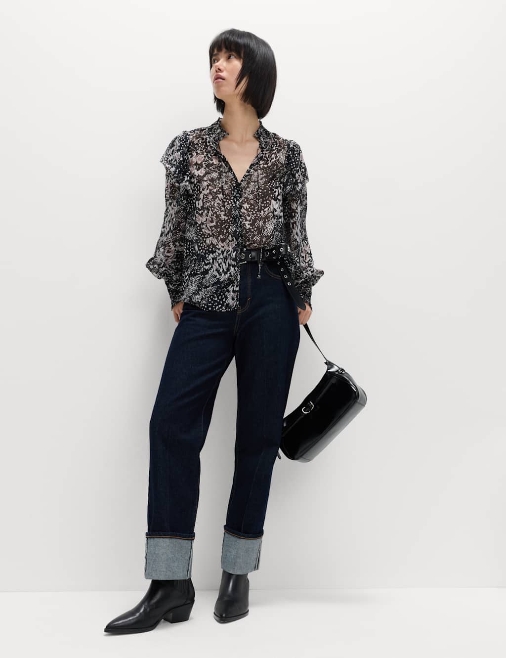 M&S Printed Sparkly Shirred High Neck Ruffle Blouse Black Mix