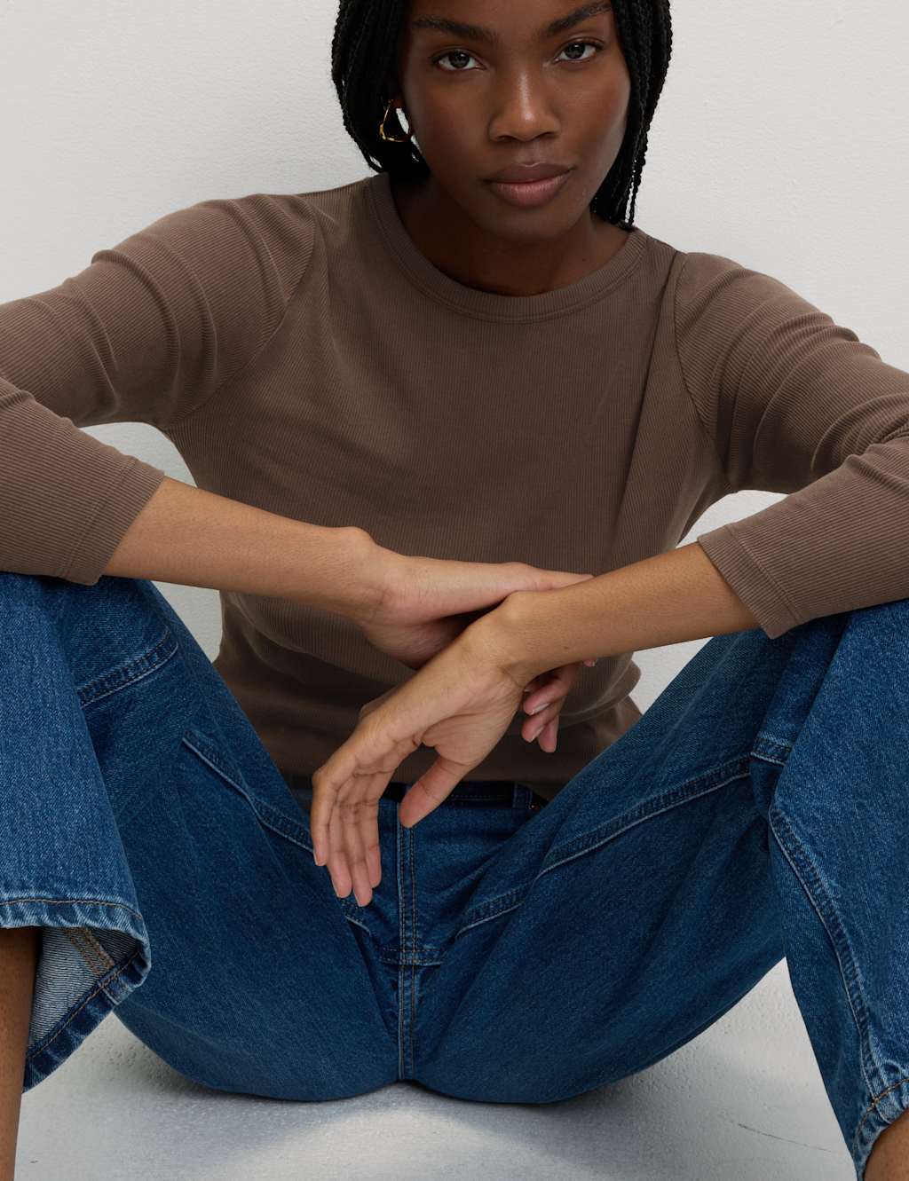 M&S Cotton Rich Ribbed Garment Dye Top Conker