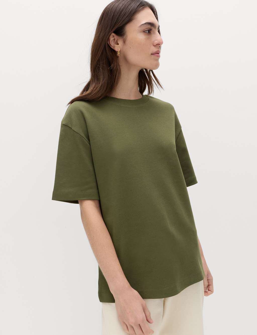 M&S Women's Pure Cotton Crew Neck Oversized T-Shirt - 18 - Khaki