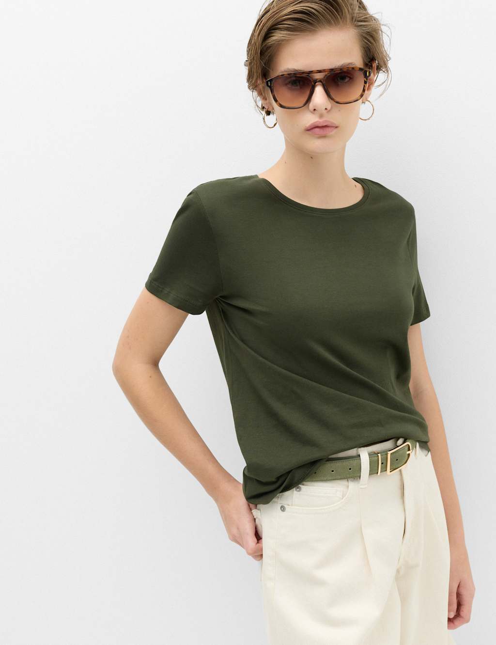 M&S Women's Pure Cotton Crew Neck T-Shirt - Small - Dark Khaki