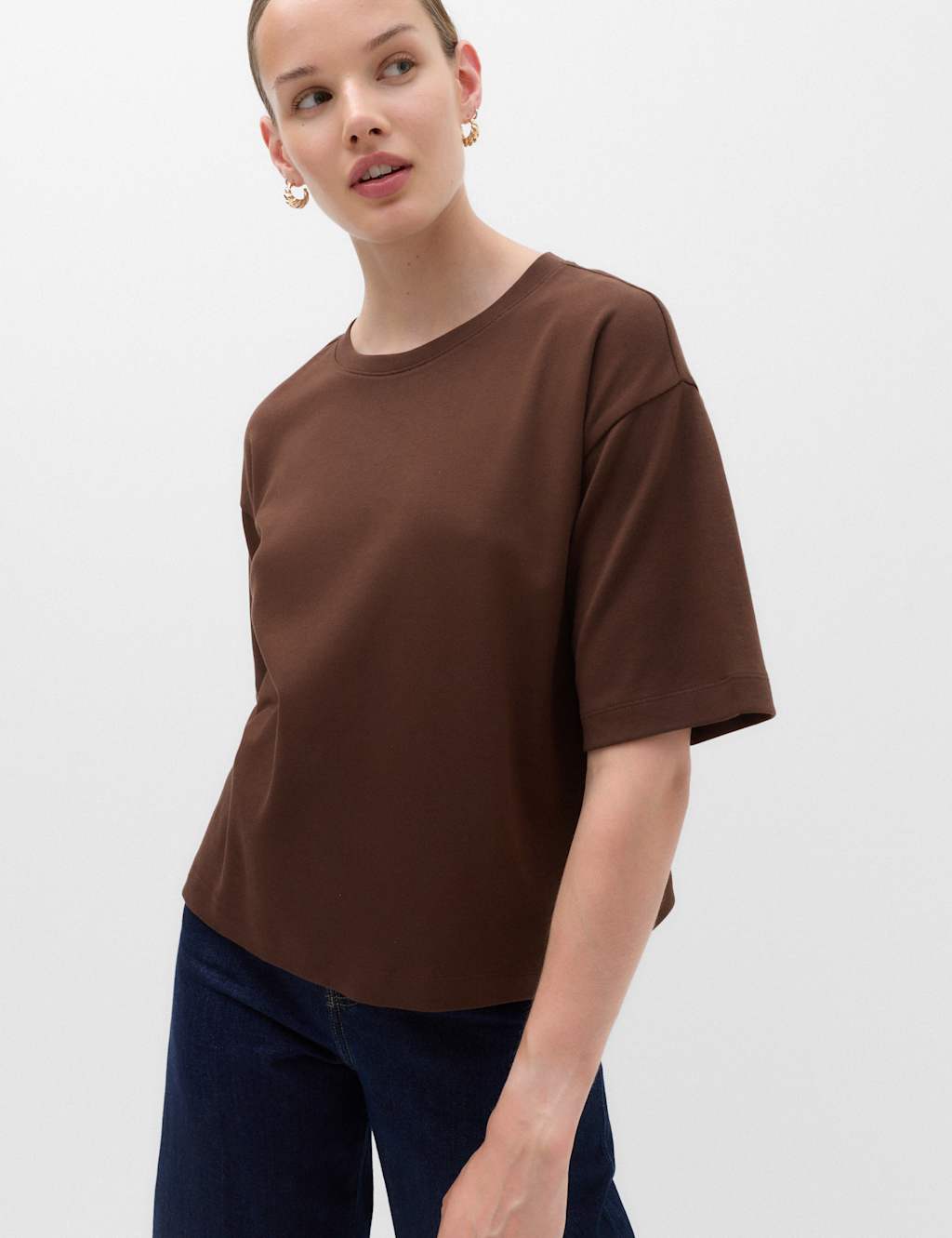 M&S Women's Pure Cotton Striped Boxy T-Shirt - Medium - Dark Chocolate