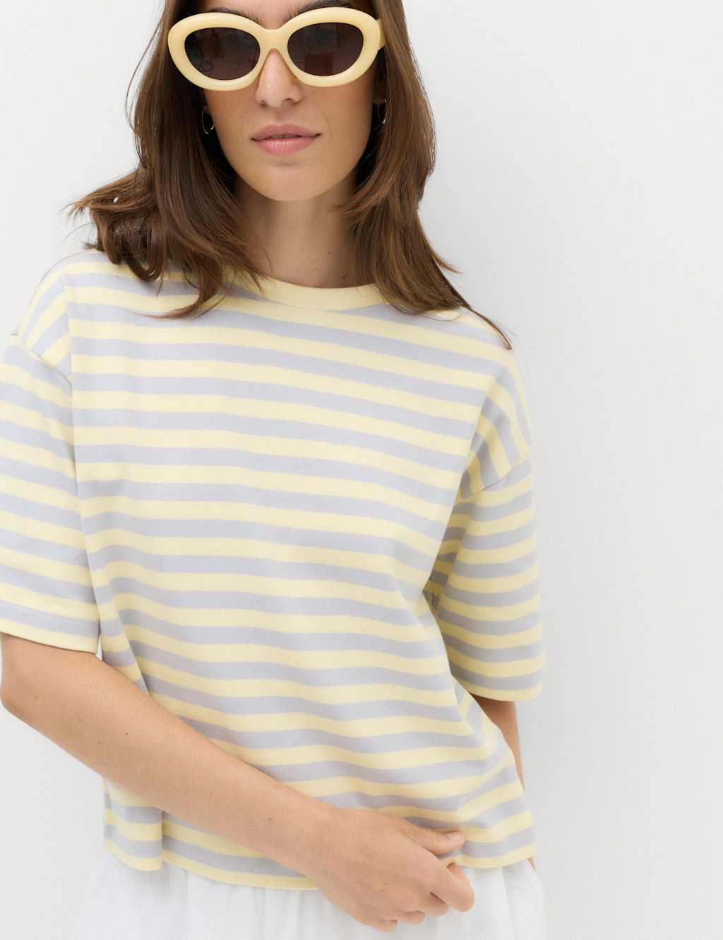 M&S Women's Pure Cotton Striped Boxy T-Shirt - Small - Yellow Mix