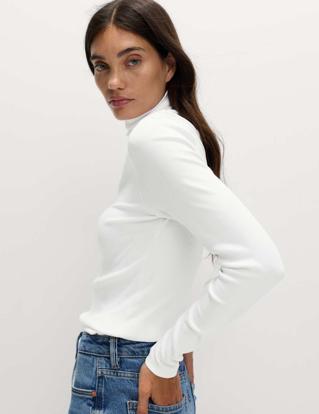 M&S Cotton Rich Ribbed Funnel Neck Top Soft White