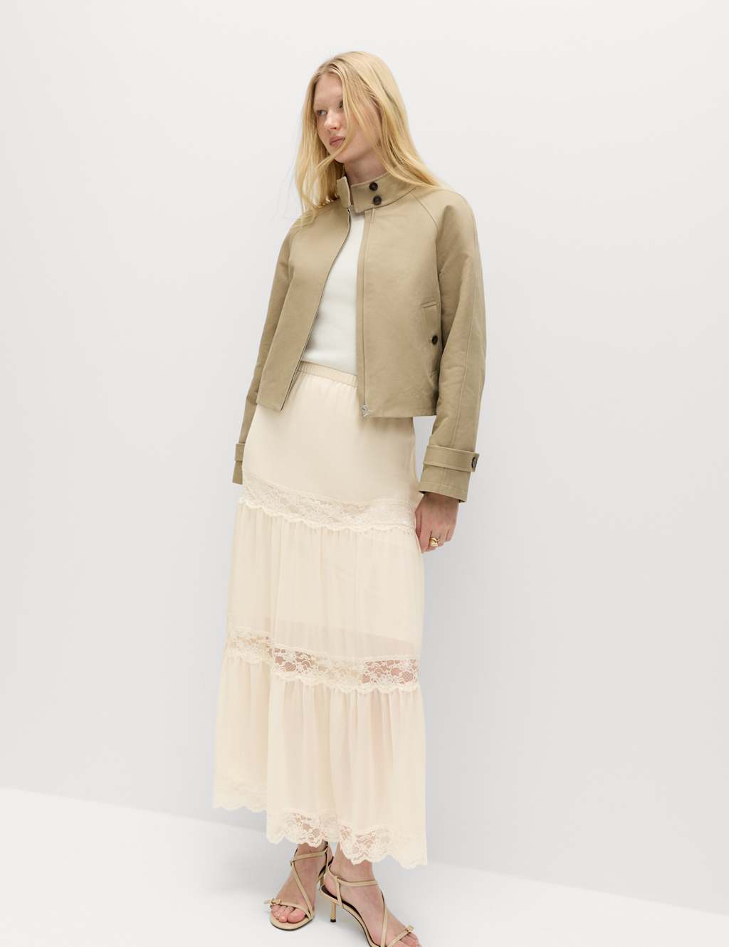 M&S Women's Lace Insert Midi Tiered Skirt - 6 - Ivory