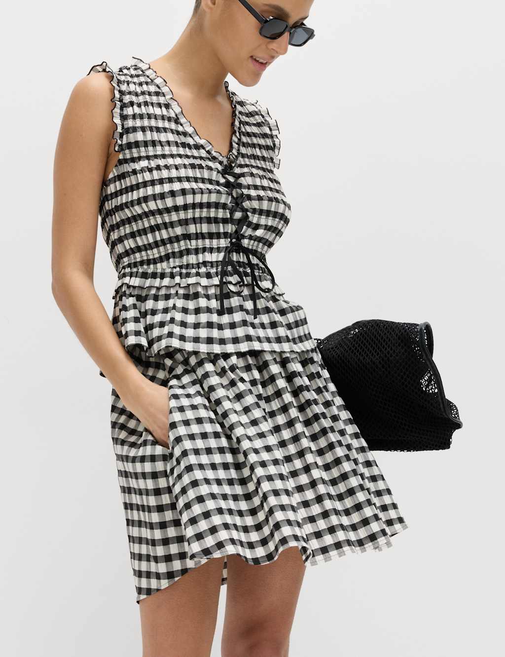 M&S Women's Cotton Blend Gingham Mini Circle Skirt - 12 - Black Mix