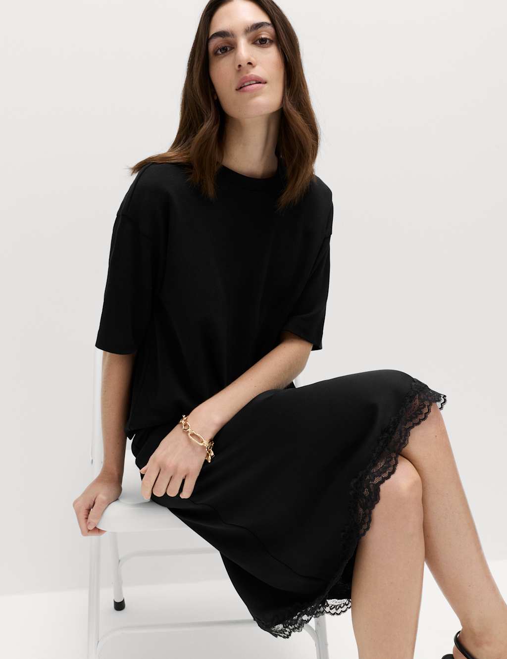 M&S Women's Lace Detail Knee Length Slip Skirt - 6 - Black