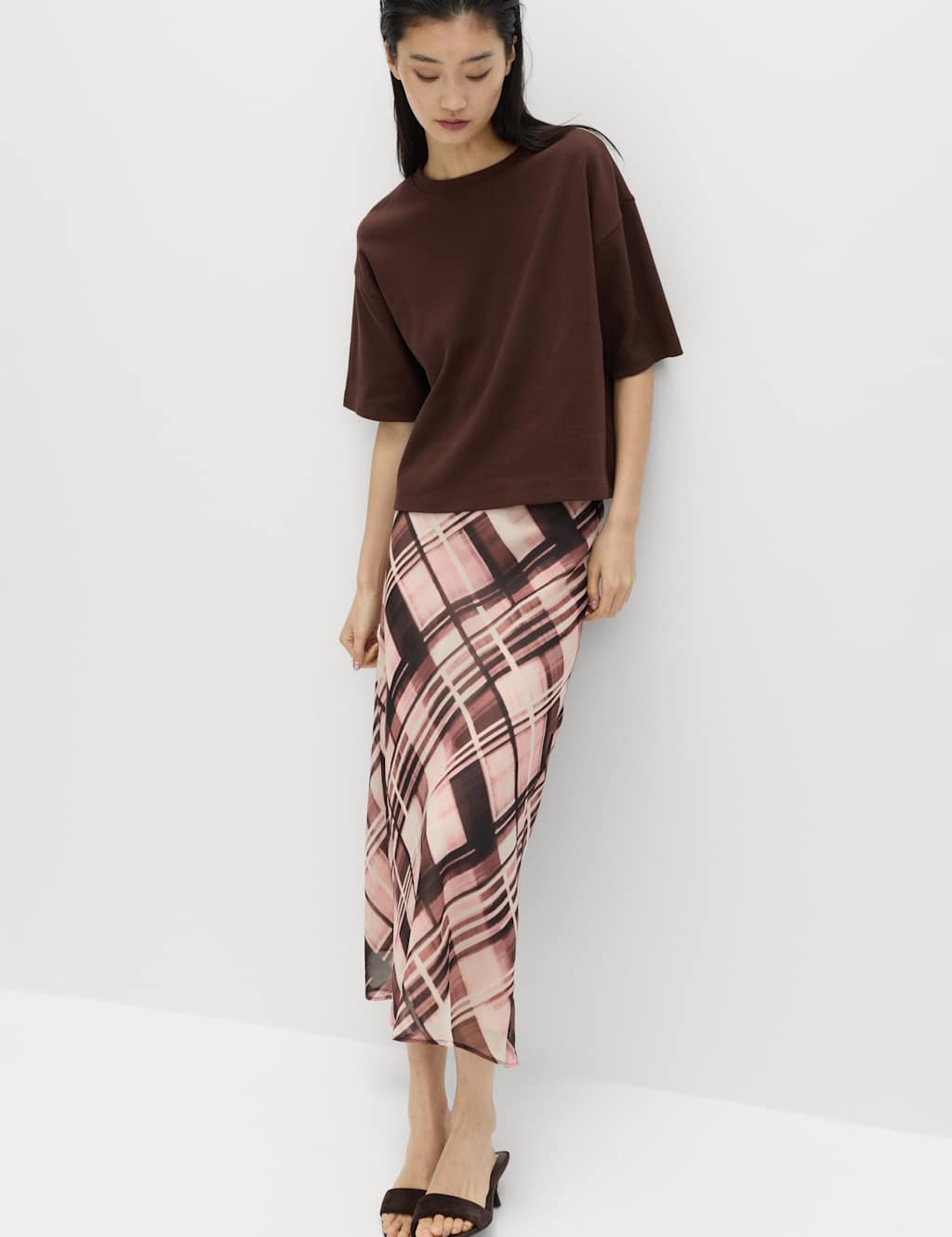 M&S Women's Chiffon Checked Midaxi Slip Skirt - 6 - Black Mix