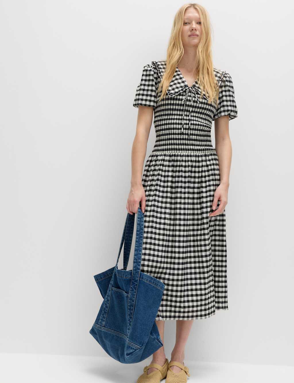 M&S Women's Cotton Blend Gingham Dropped Waist Midi Dress - 8 - Black Mix