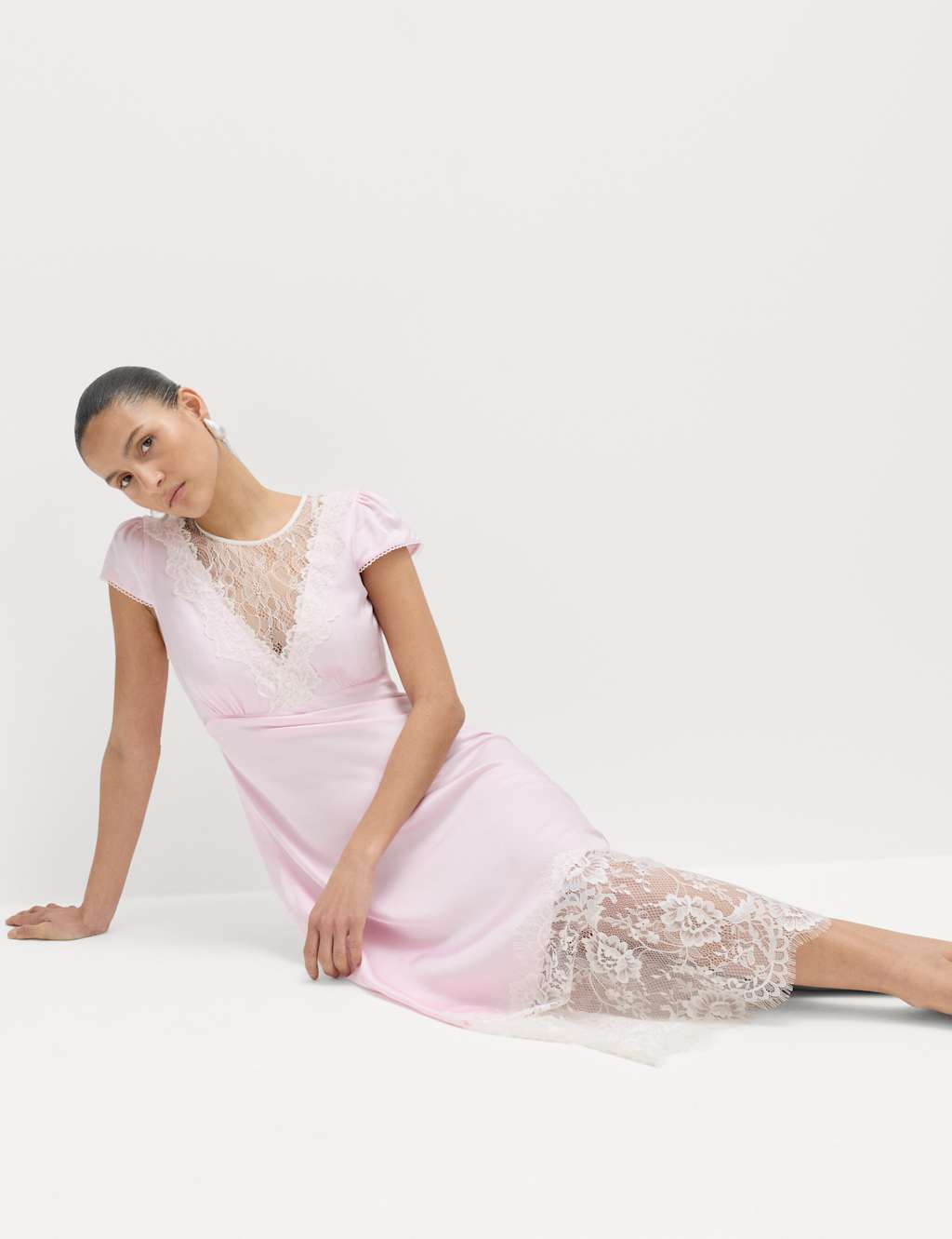 M&S Women's Satin Lace Insert Midi Tea Dress - 18 - Pink