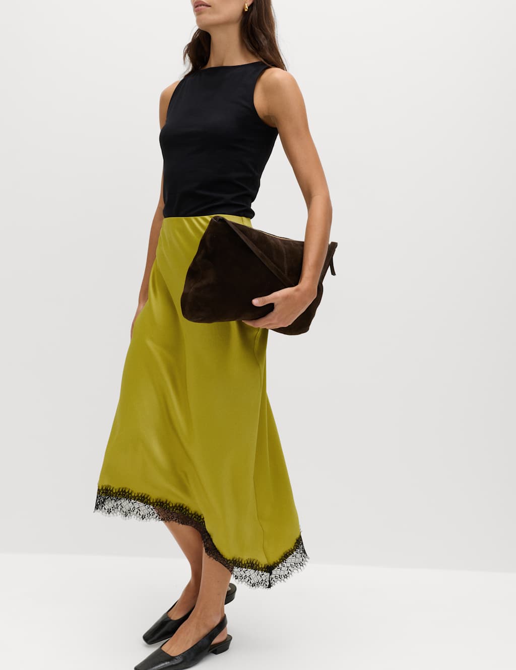 M&S Women's Lace Detail Asymmetric Midi Slip Skirt - 8 - Moss