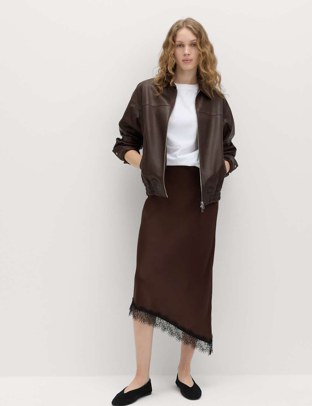 M&S Women's Lace Detail Asymmetric Midi Slip Skirt - 24 - Brown