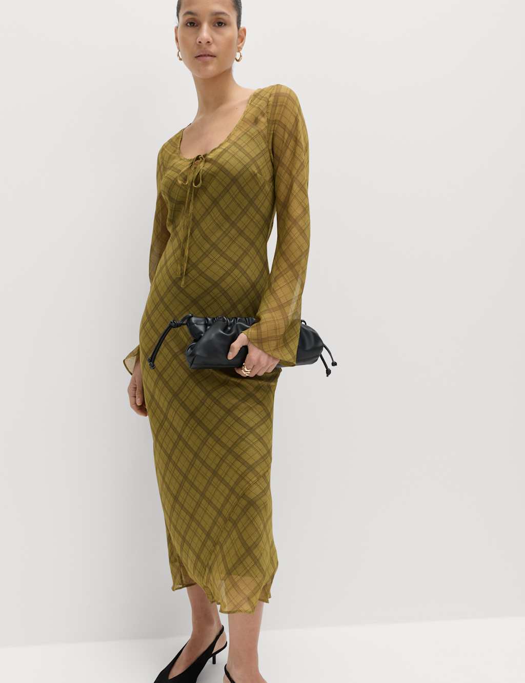 M&S Women's Checked Scoop Neck Long Sleeve Midaxi Column Dress - 14 - Green Mix