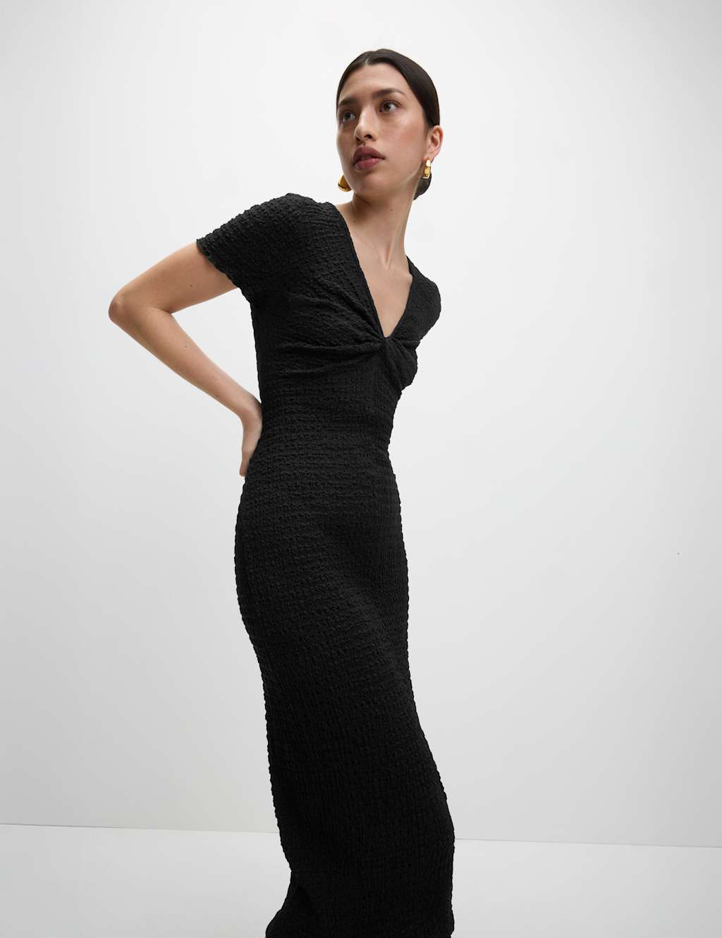 Jersey Textured V-Neck Midi Column Dress