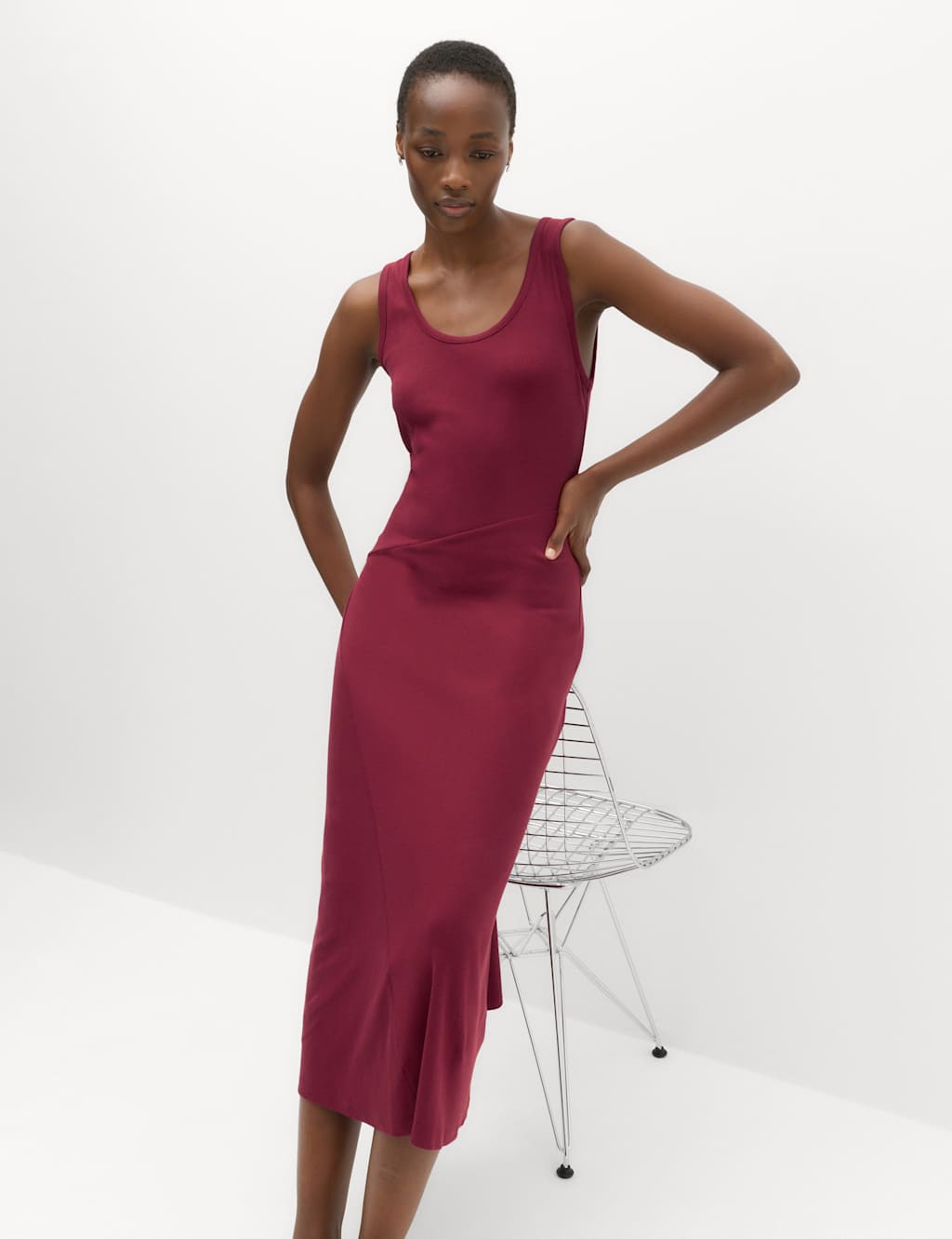 M&S Women's Cotton Rich Ribbed Midi Column Dress - 8 - Russet