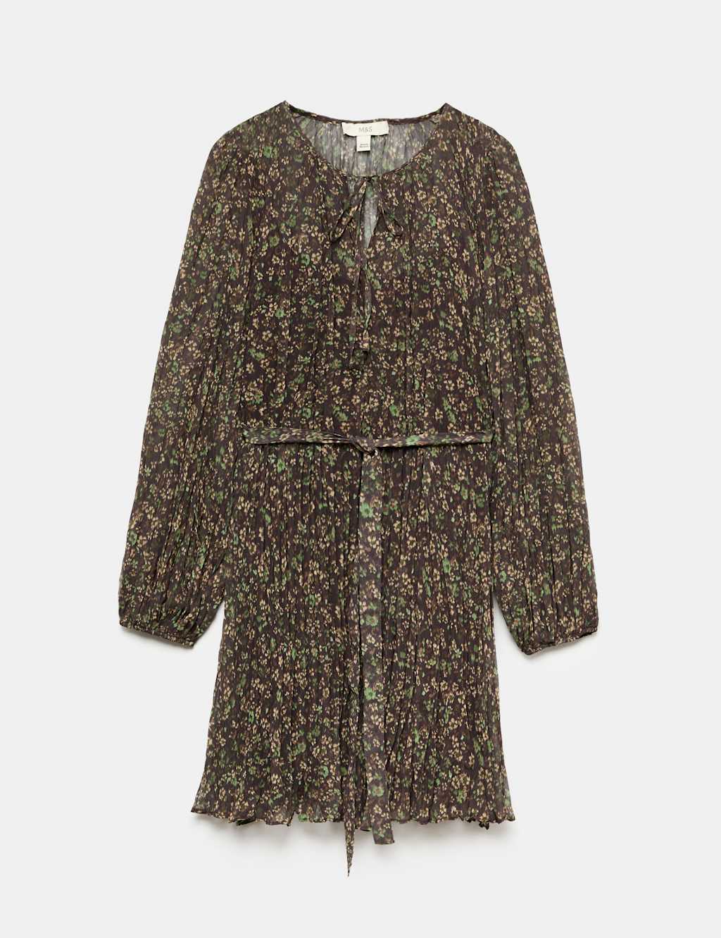 M&S Women's Floral Tie Neck Mini Waisted Dress - 24 - Brown Mix