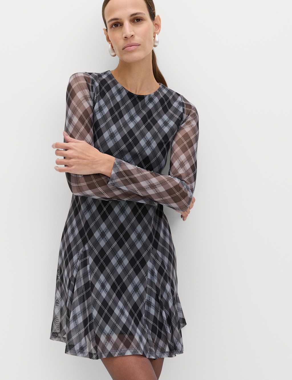 M&S Women's Mesh Checked Mini Skater Dress - 12 - Grey Mix