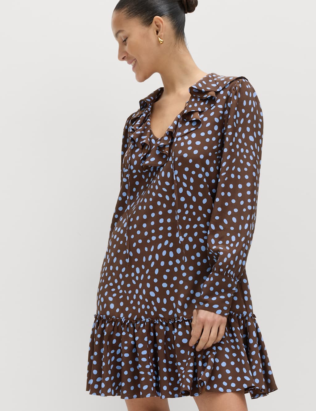 M&S Women's Spot Print Ruffle Mini Tiered Dress - 16 - Brown Mix