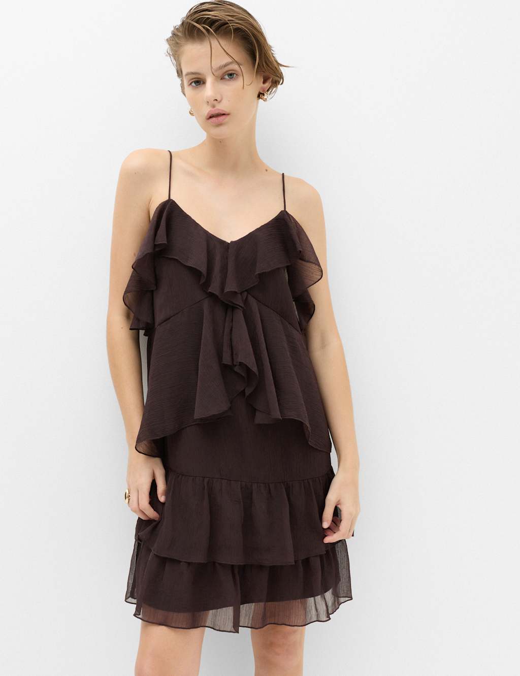 M&S Women's Chiffon V-Neck Ruffle Mini Cami Dress - 12 - Chocolate