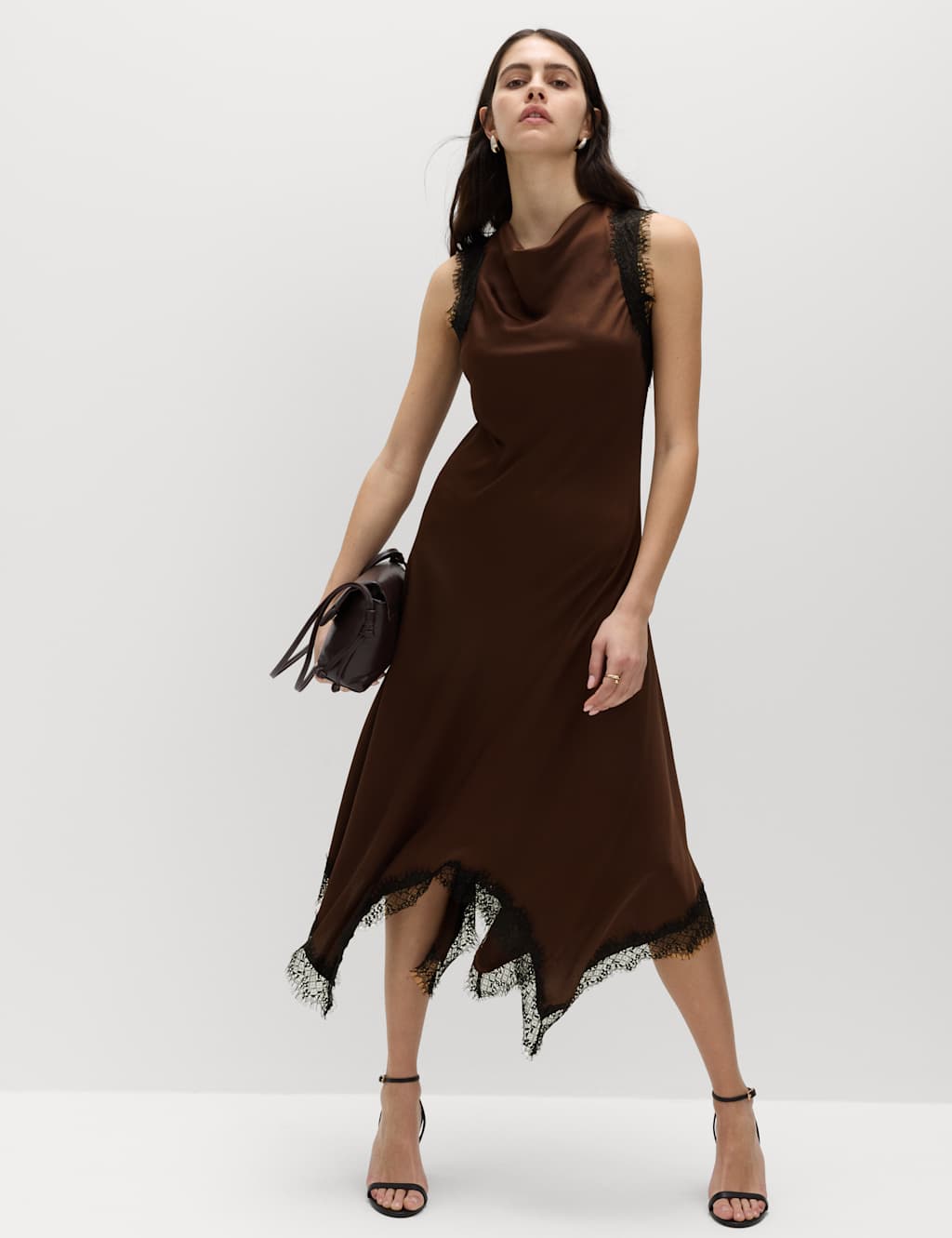 M&S Women's Cowl Neck Lace Detail Midi Slip Dress - 6 - Brown Mix