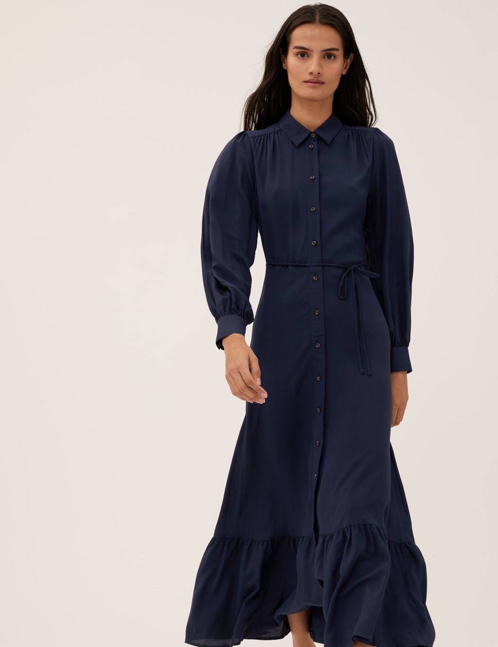 M&S Tie Waist Maxi Shirt Dress Navy