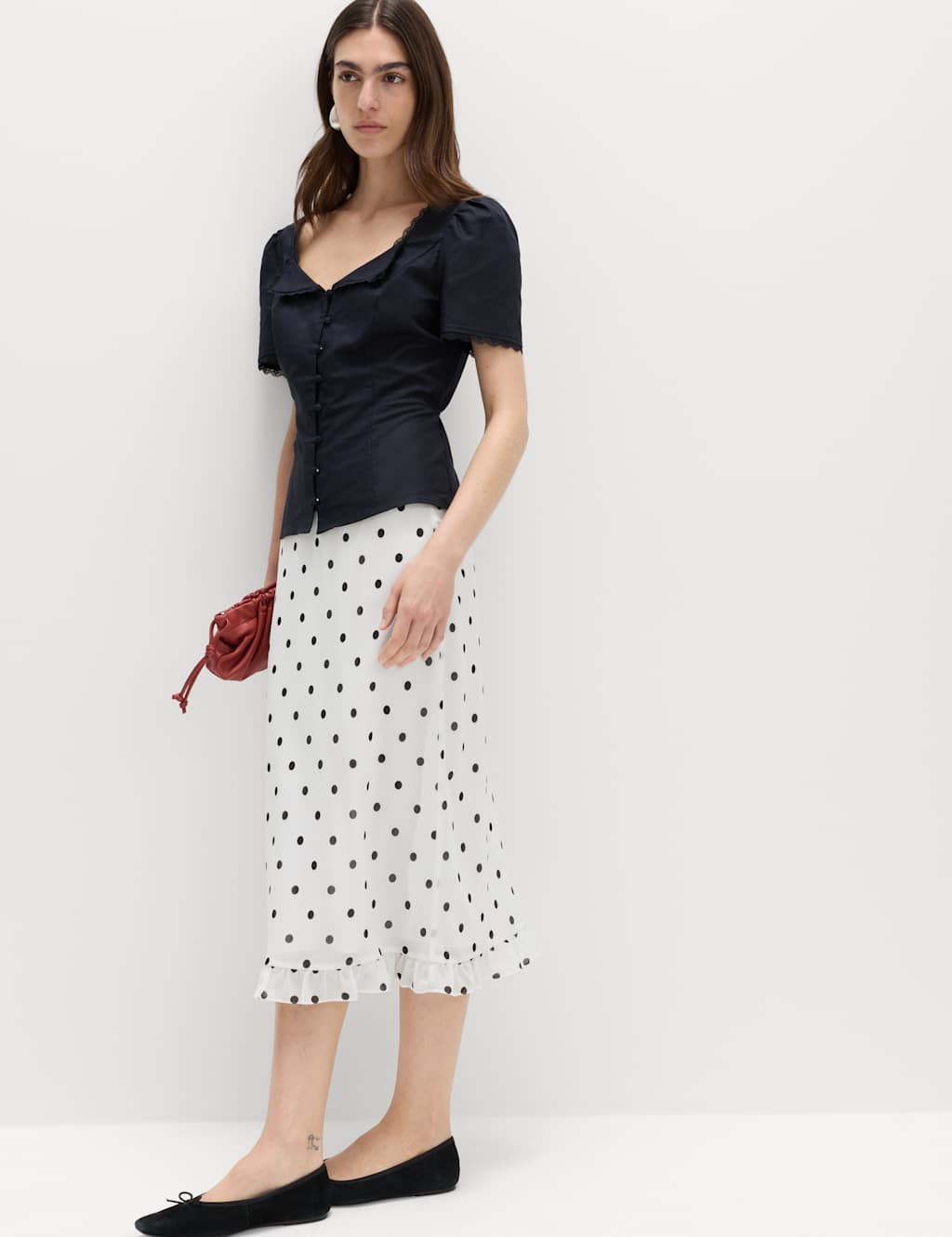 M&S Women's Polka Dot Knee Length Slip Skirt - 10 - Ivory Mix