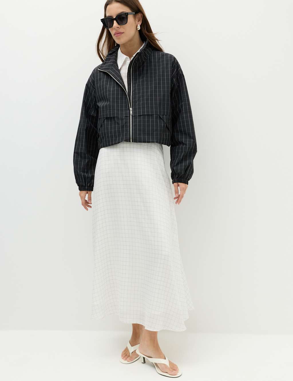 M&S Women's Lyocell Rich Checked Midi Skirt - 18 - Ivory Mix