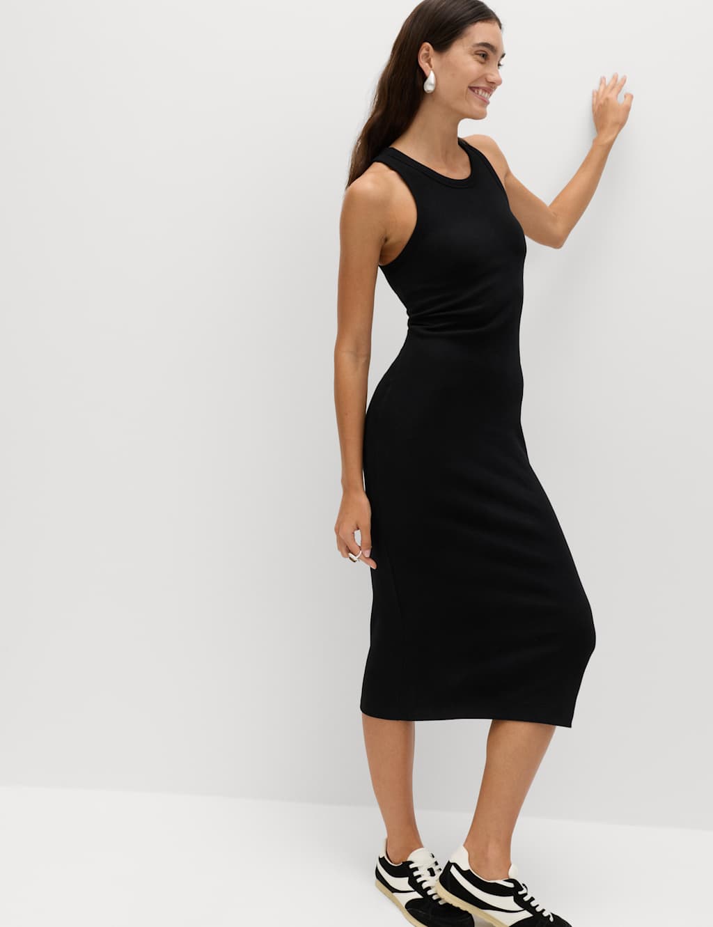 M&S Women's Cotton Rich Ribbed Bra Insert Midi Bodycon Dress - Medium - Black