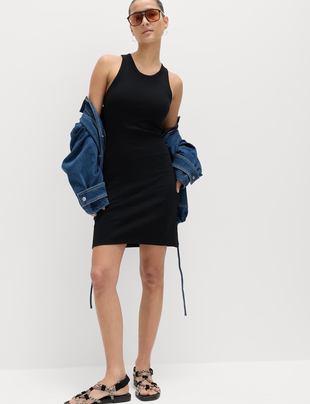 M&S Women's Cotton Rich Ribbed Bra Insert Mini Bodycon Dress - Medium - Black