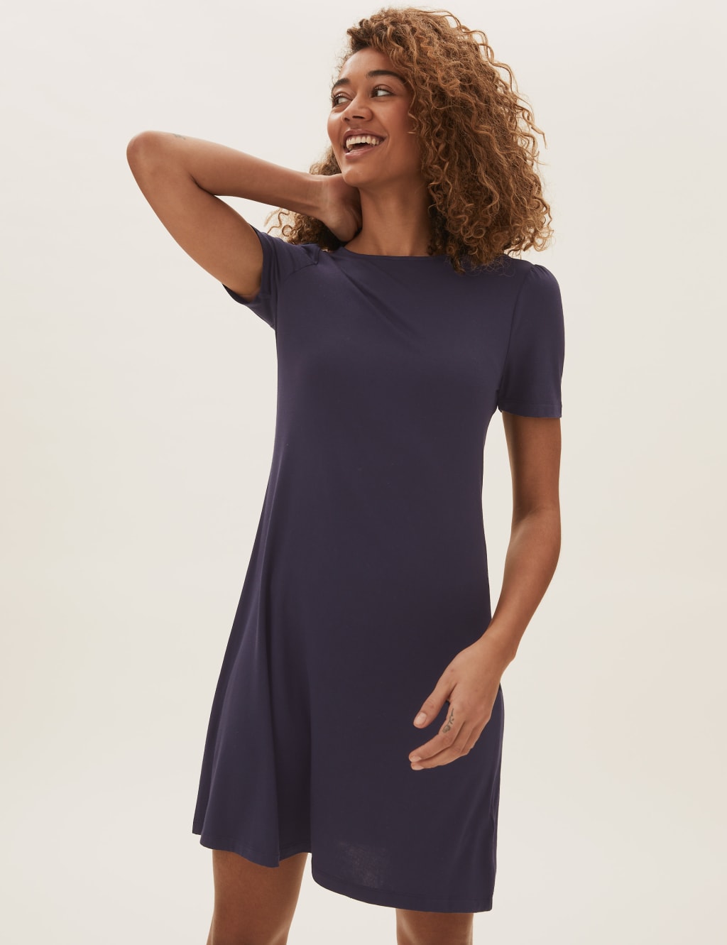 M&S Jersey Knee Length Swing Dress Navy