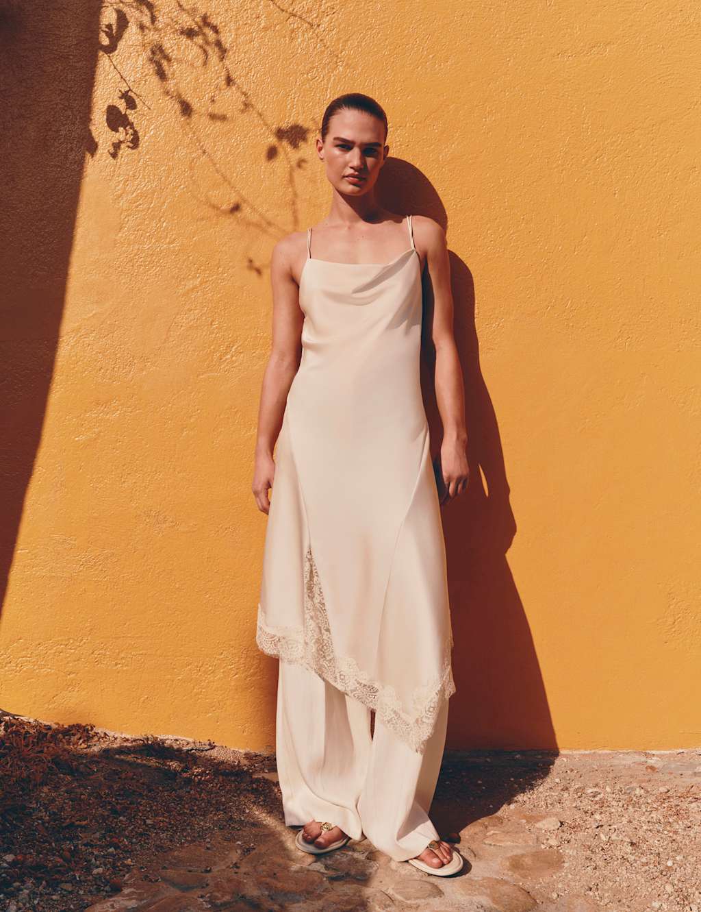 M&S Women's Satin Cowl Neck Lace Insert Midi Slip Dress - 14 - Ivory