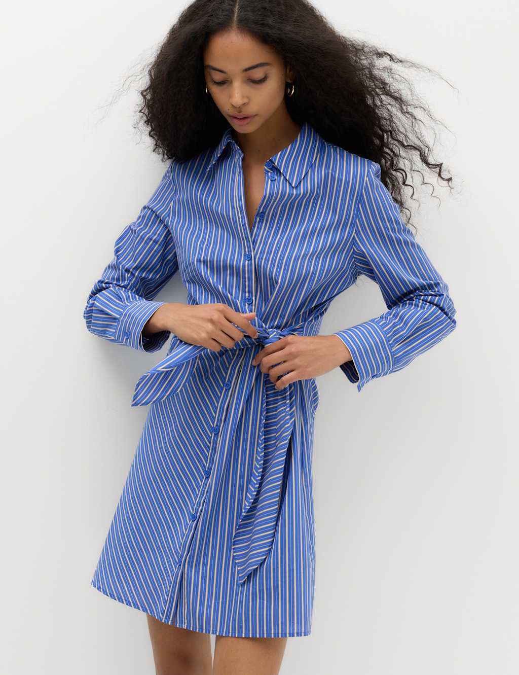 M&S Women's Cotton Rich Striped Mini Shirt Dress - 22 - Blue Mix
