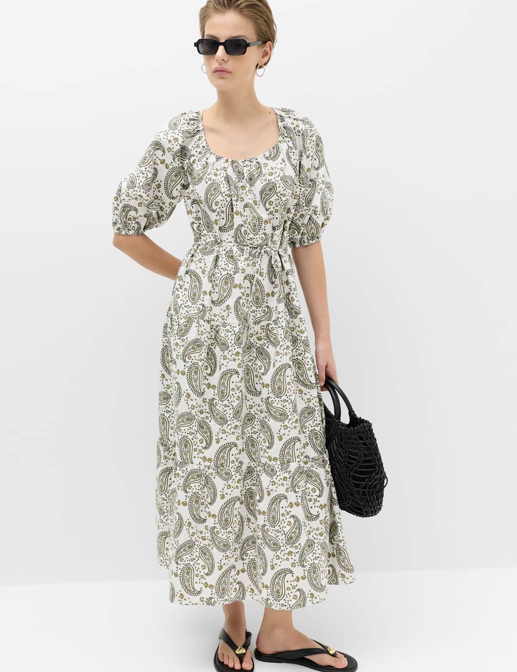M&S Women's Pure Cotton Printed Midi Waisted Dress - 14 - Ivory Mix