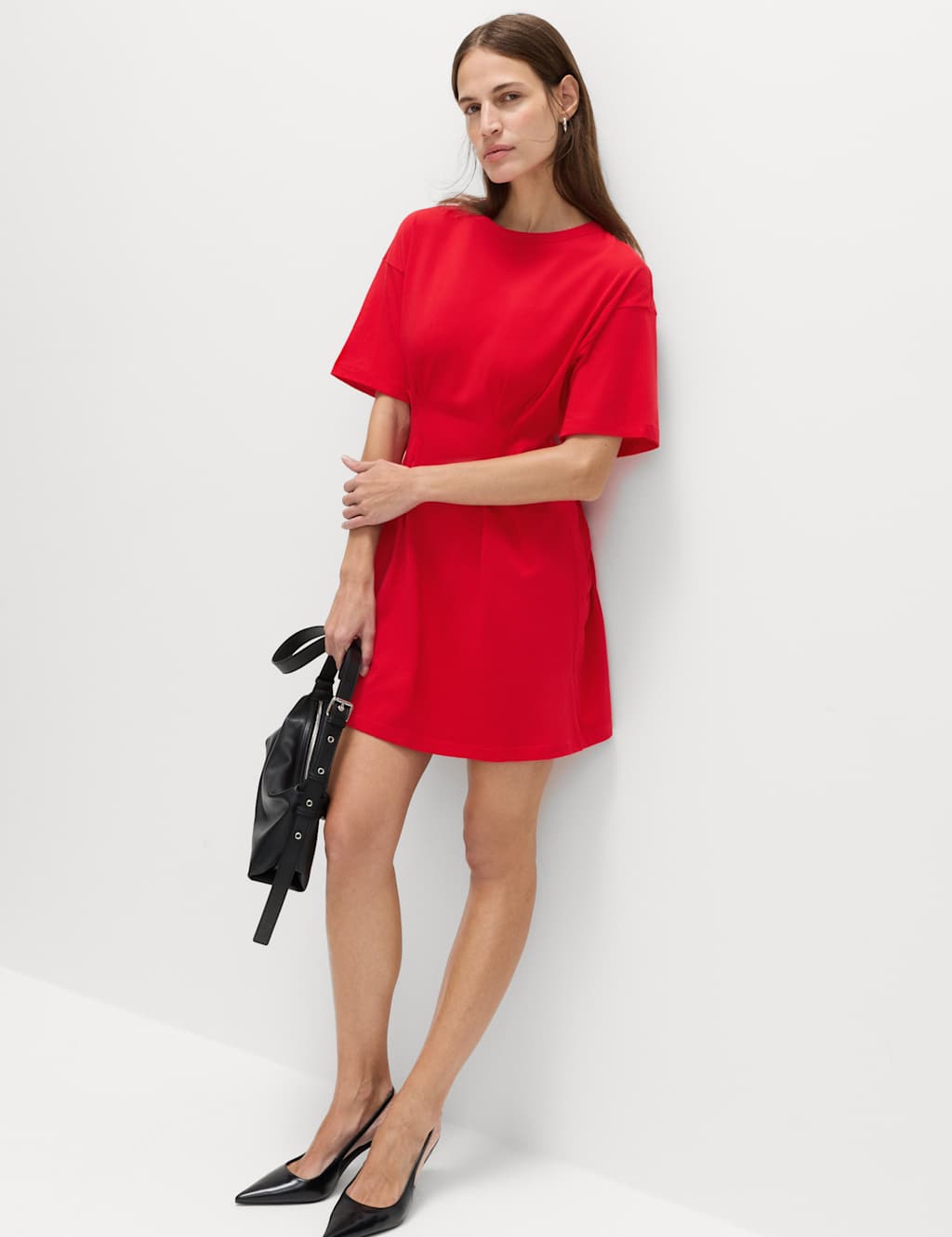 M&S Women's Pure Cotton Waisted Mini T-Shirt Dress - 12 - Chilli