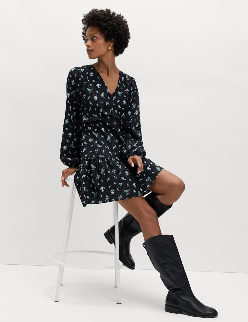 M&S Women's Floral Ruffle Mini Waisted Dress - 6 - Black Mix