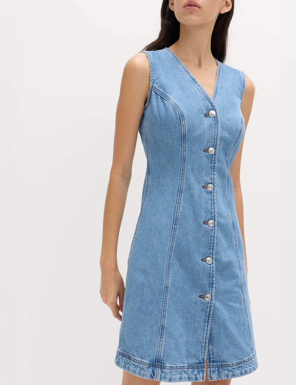 M&S Women's Denim V-Neck Button Through Mini Shift Dress - 24