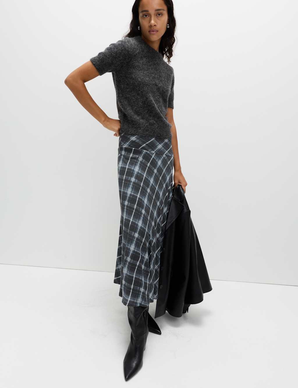M&S Lyocell Blend Midi A-Line Skirt with Wool Grey Mix