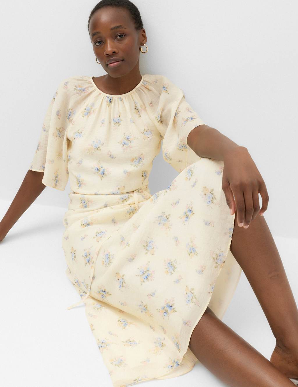M&S Women's Floral Angel Sleeve Midi Waisted Dress - 16 - Ivory Mix