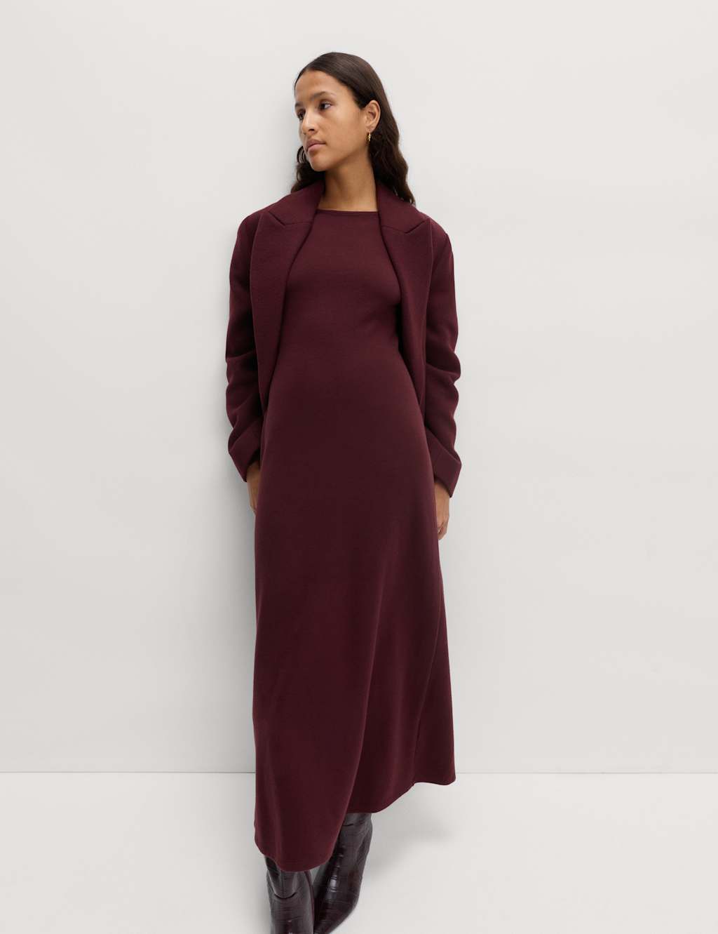 M&S Cotton Rich Cosy Midi Column Dress Burgundy