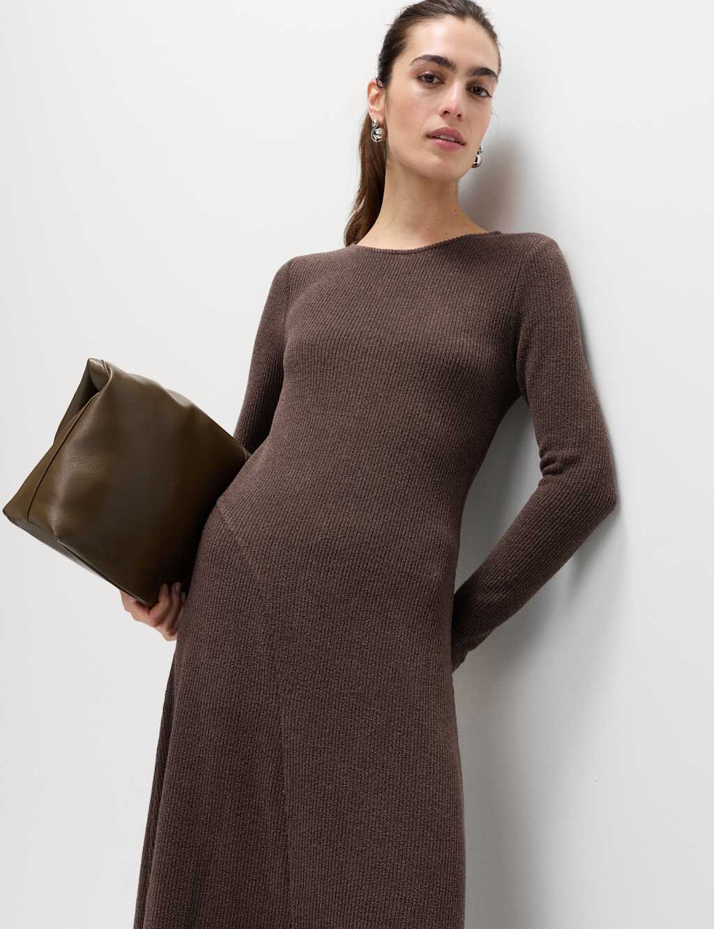 M&S Knitted Crew Neck Midi Column Dress Dark Chocolate