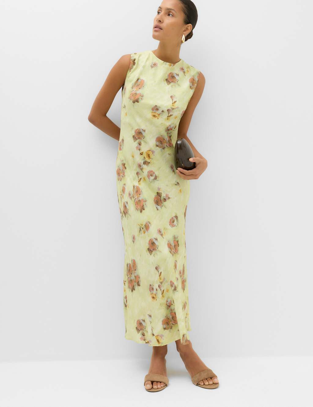 M&S Women's Floral Round Neck Midi Column Dress - 12 - Green Mix