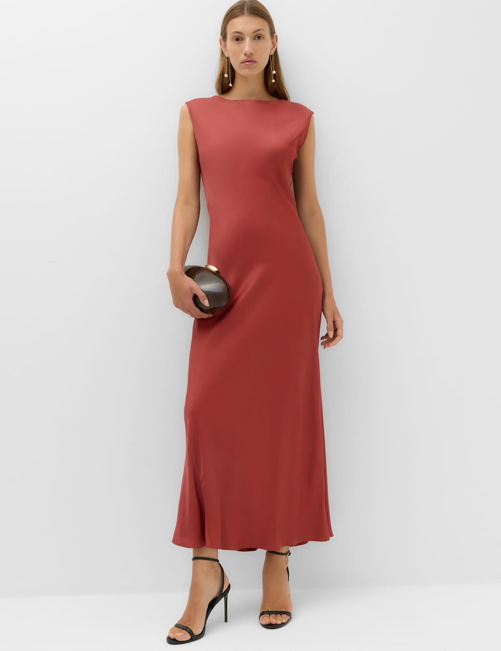 M&S Women's Satin Tie Detail Midi Slip Dress - 16 - Rust